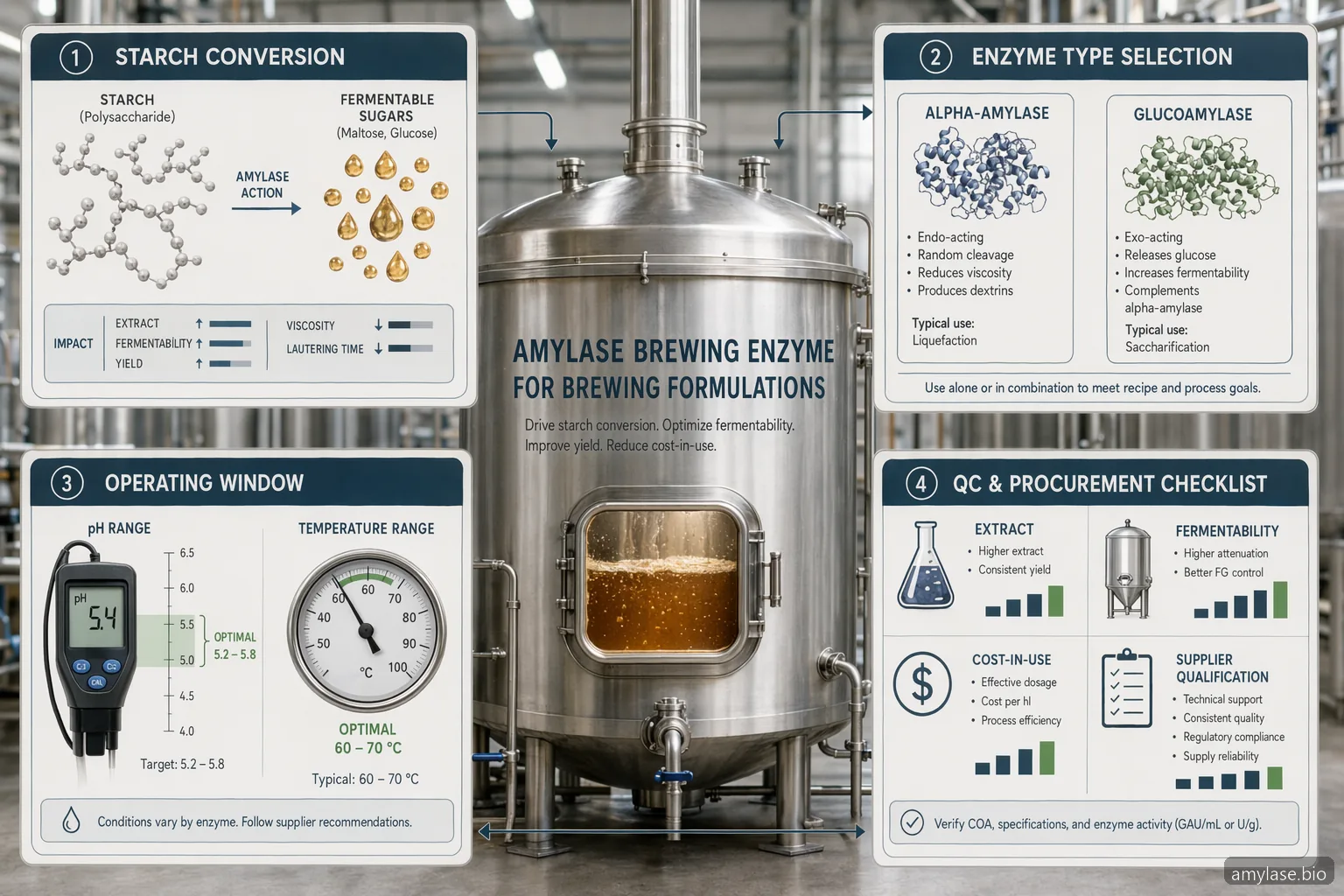amylase brewing enzyme for brewing formulations, infographic showing starch conversion, mash controls, QC, and supplier criteria