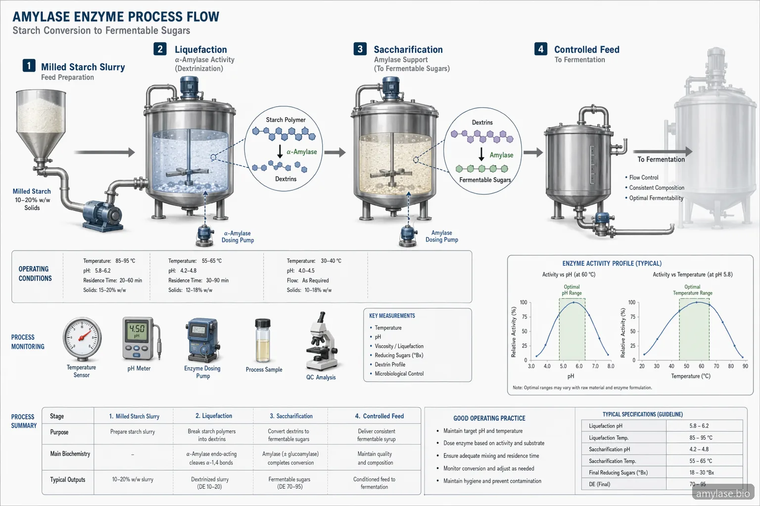 amylase enzyme distilling process guide diagram mapping liquefaction conditions, dosage, and sugar yield