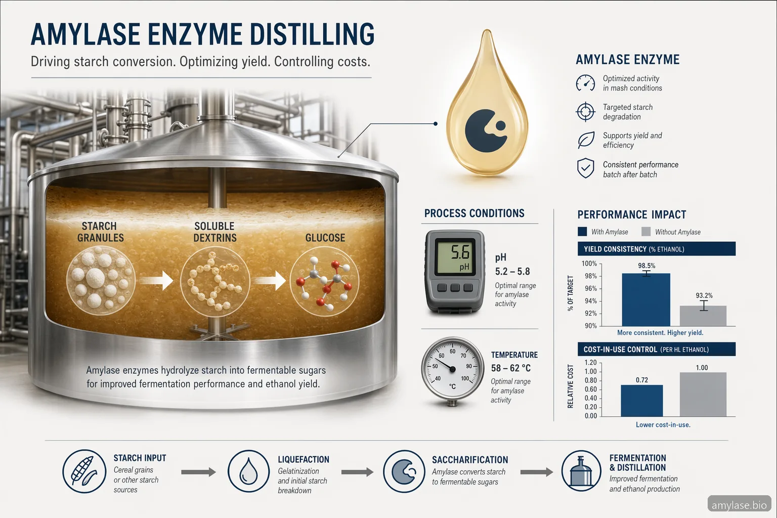 amylase enzyme distilling process guide infographic showing starch conversion, dosing, QC, and cost controls