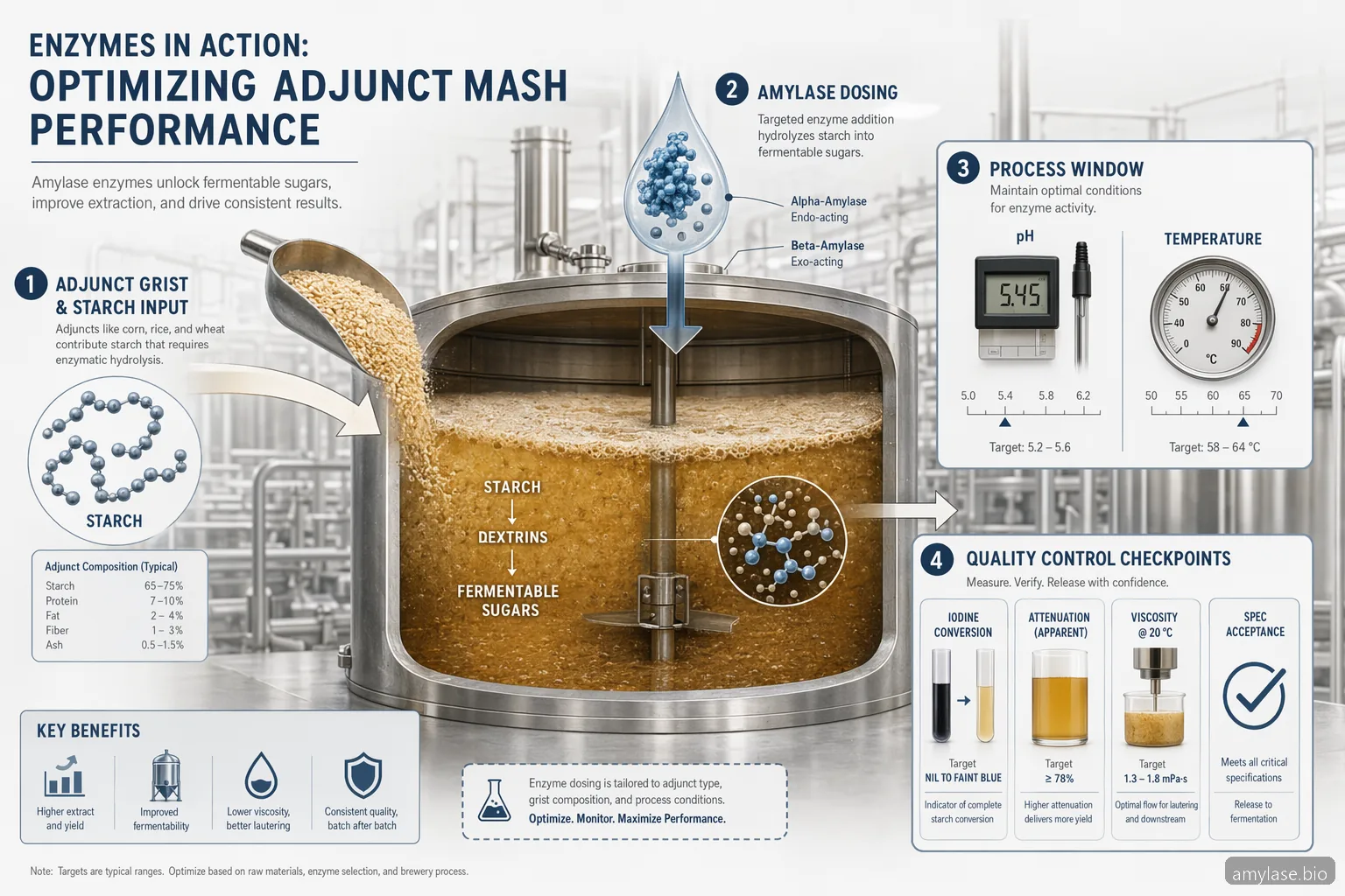 how to use amylase enzyme in brewing: brewhouse infographic showing grist, dosing, mash conditions, and QC checks